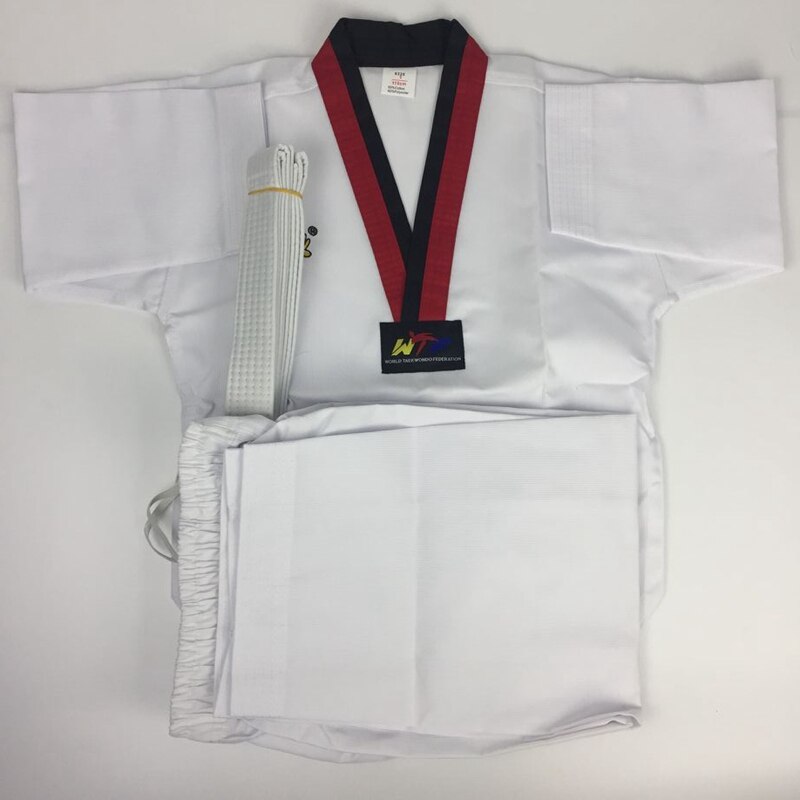 Taekwondo uniform (tkd) studenteruniform wtf dobok ,rød med sort v krave