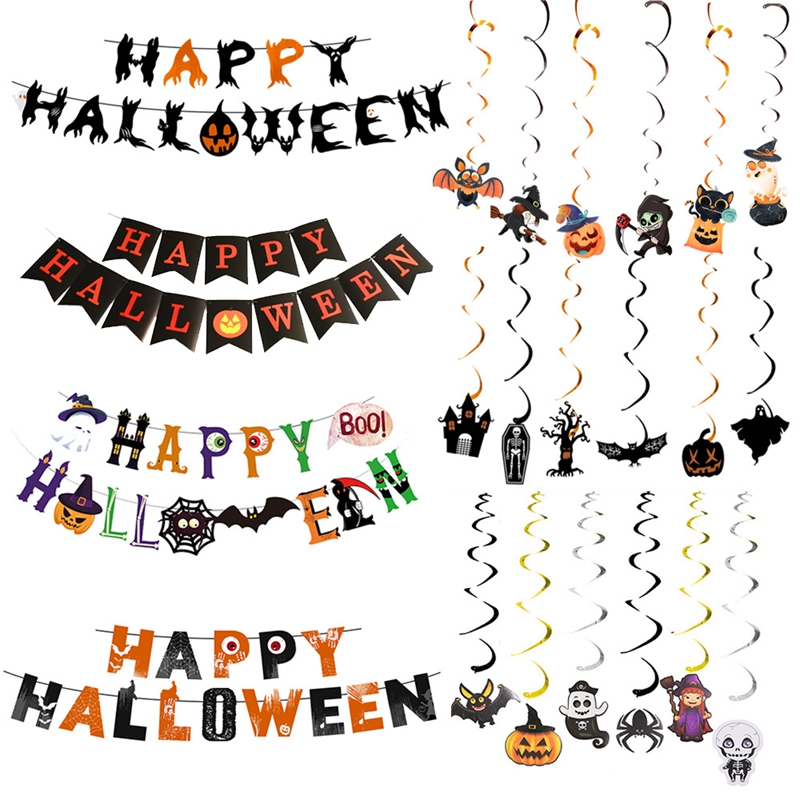 Halloween Party Banner Hanging Pendants Bat Pumpkin Paper Garland Trick or Treat Happy Halloween Decoration Supplies Home