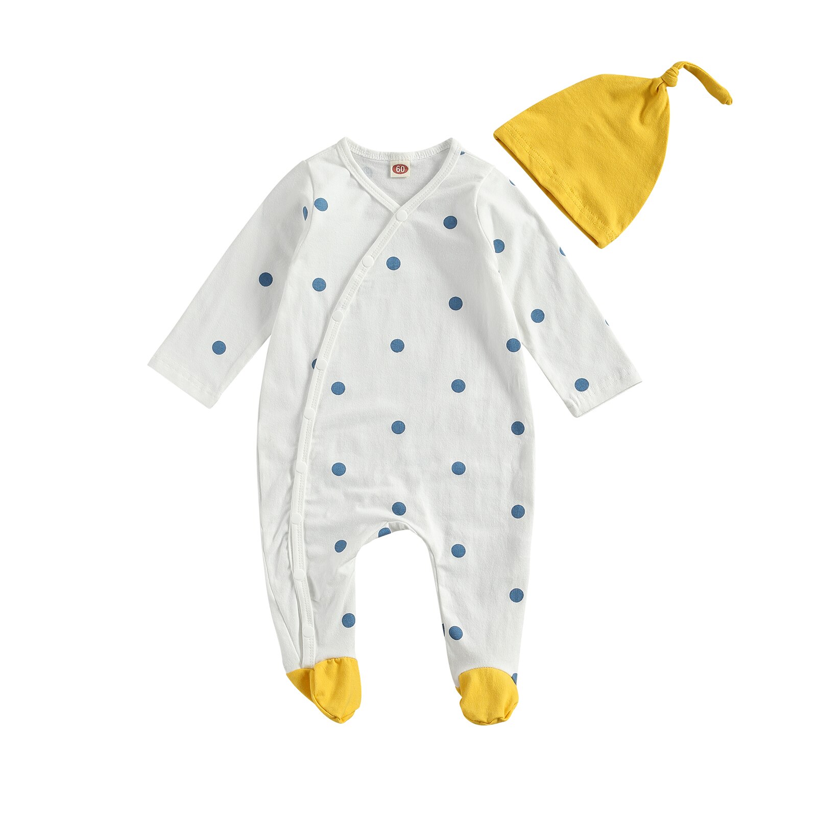 Pudcoco 0-6M Kleinkind Baby Junge Mädchen Frühling 2Stck einstellen Punkt drucken/Gestreiften Langarm Einzigen gebrüstet Footie + Hütte Neugeborene Kleidung: A / 6m