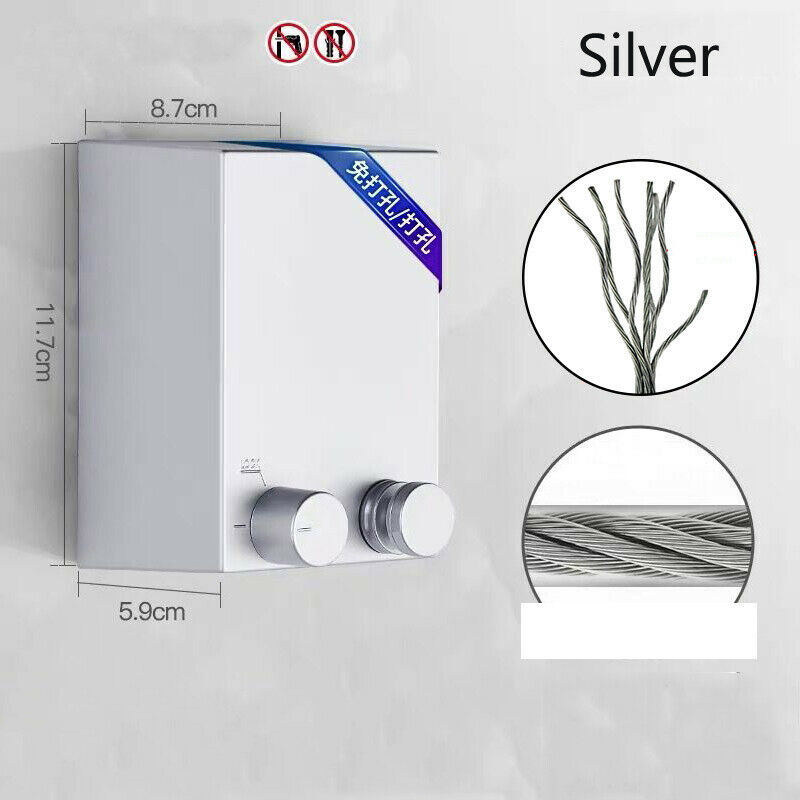 Retractable Clothesline Line Outdoor Indoor Dryer Laundry PVC Wall Mount Clotheslines Laundry Storage & Organization: Silver