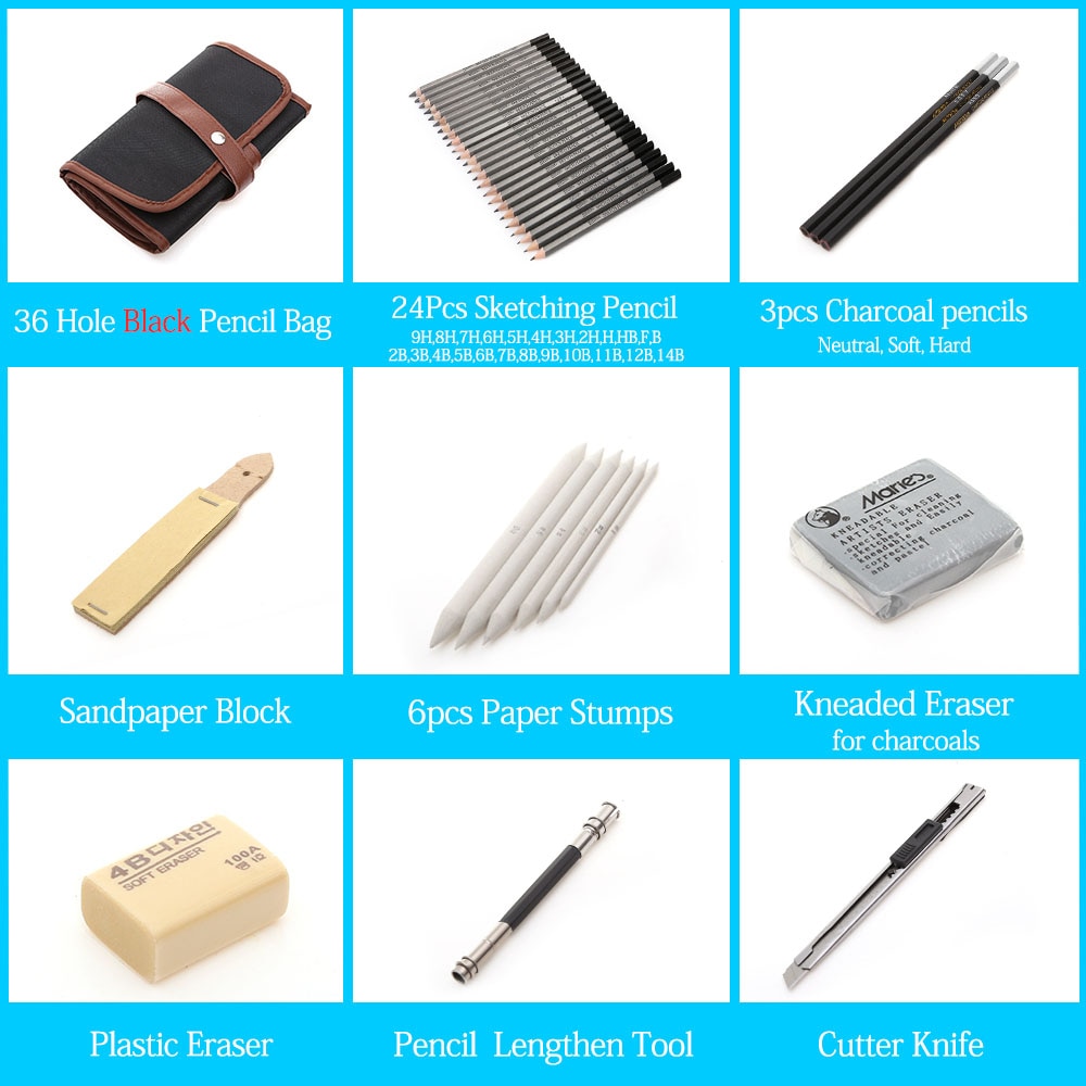 27/39pcs Sketch Pencil Set Sketching Drawing Kit Wood Pencil Pencil Bags For Painter School Students Art Supplies: 36 Black Sketch Set
