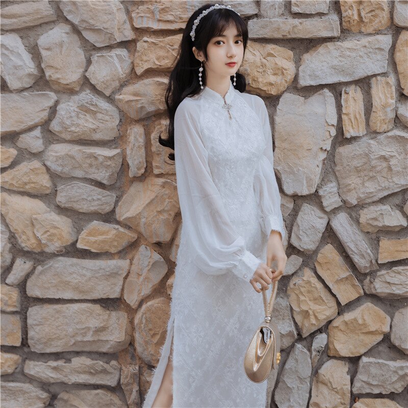 Summer Slim Aristocratic Bubble Sleeve Improved Cheongsam Dress Chinese Traditional Lantern Sleeve Party Dress