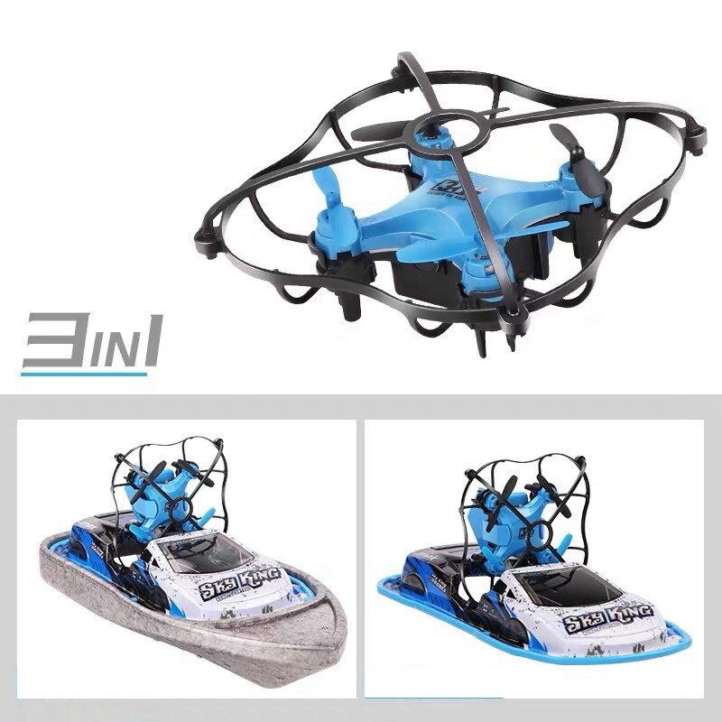 3 in 1 rc drone båd bil vand jorden luft tilstand tre tilstande hovedløs tilstand højde hold rc helikoptere legetøj: Blå