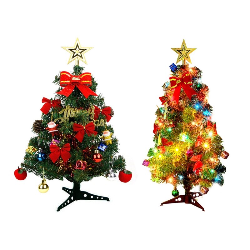 45/60Cm Led Kunstmatige Mini Kerstboom Met Dennenappel Santa Boog Lint Ster Ornamenten Snaar Licht