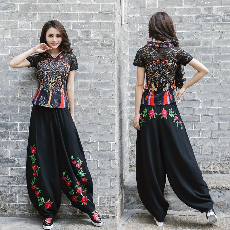 Vintage Palazzo Pants Women Ethinc Cotton Linen Trousers Floral Embroidery Trausers Black Traditional Chinese Pants TA950