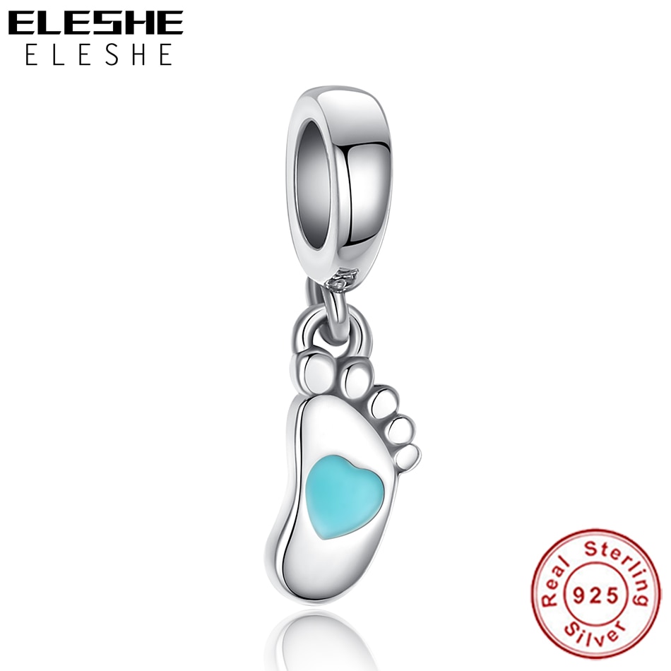 ELESHE Liebe Baby Füße Fuß Blau Herz Perle 925 Sterling Silber Baumeln Charme passen Original Armbinde Halskette Für Frauen DIY schmuck