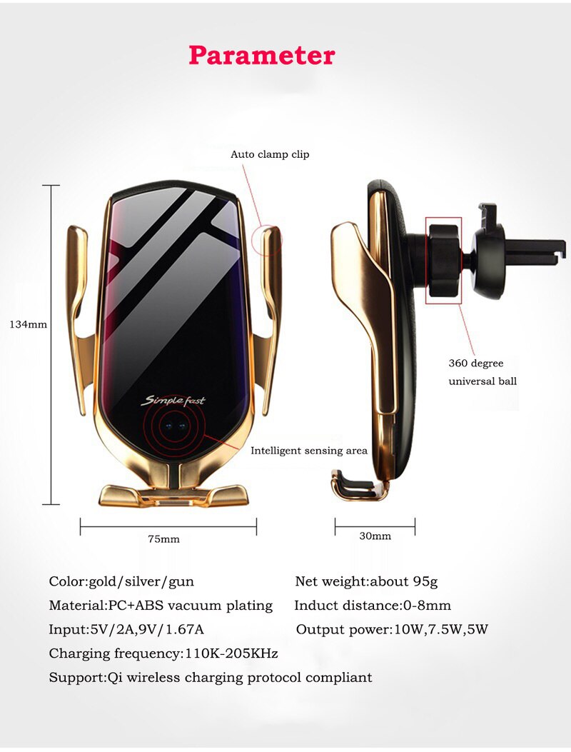 Automatic Clamp 10W Car Wireless Charger for Samsung S10 Note9Note8 Qi Infrared Induction Car Holder with Navigation Positioning