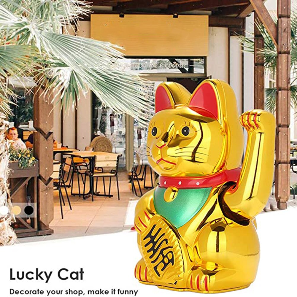 Lucky Fortunes Cat Japanese Gold Lucky Cat with Waving Arm Battery Operated Restaurant Decoration Cute FP8