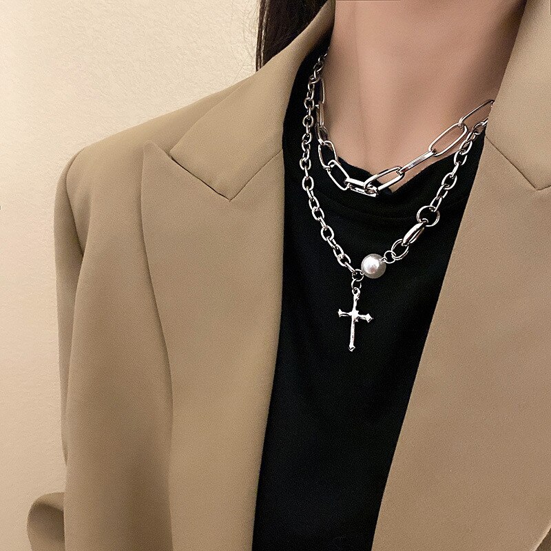FYUAN Korean Style Double Chain Choker Necklaces for Women Cross Pendant Necklaces Statement Jewelry