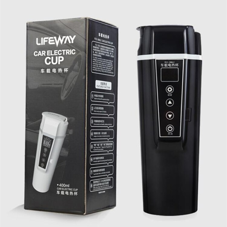 Taza de calefacción portátil para coche, termo eléctrico de viaje de 350Ml, 12V/24V, temperatura ajustable, calentador de agua, café, té: BLACK