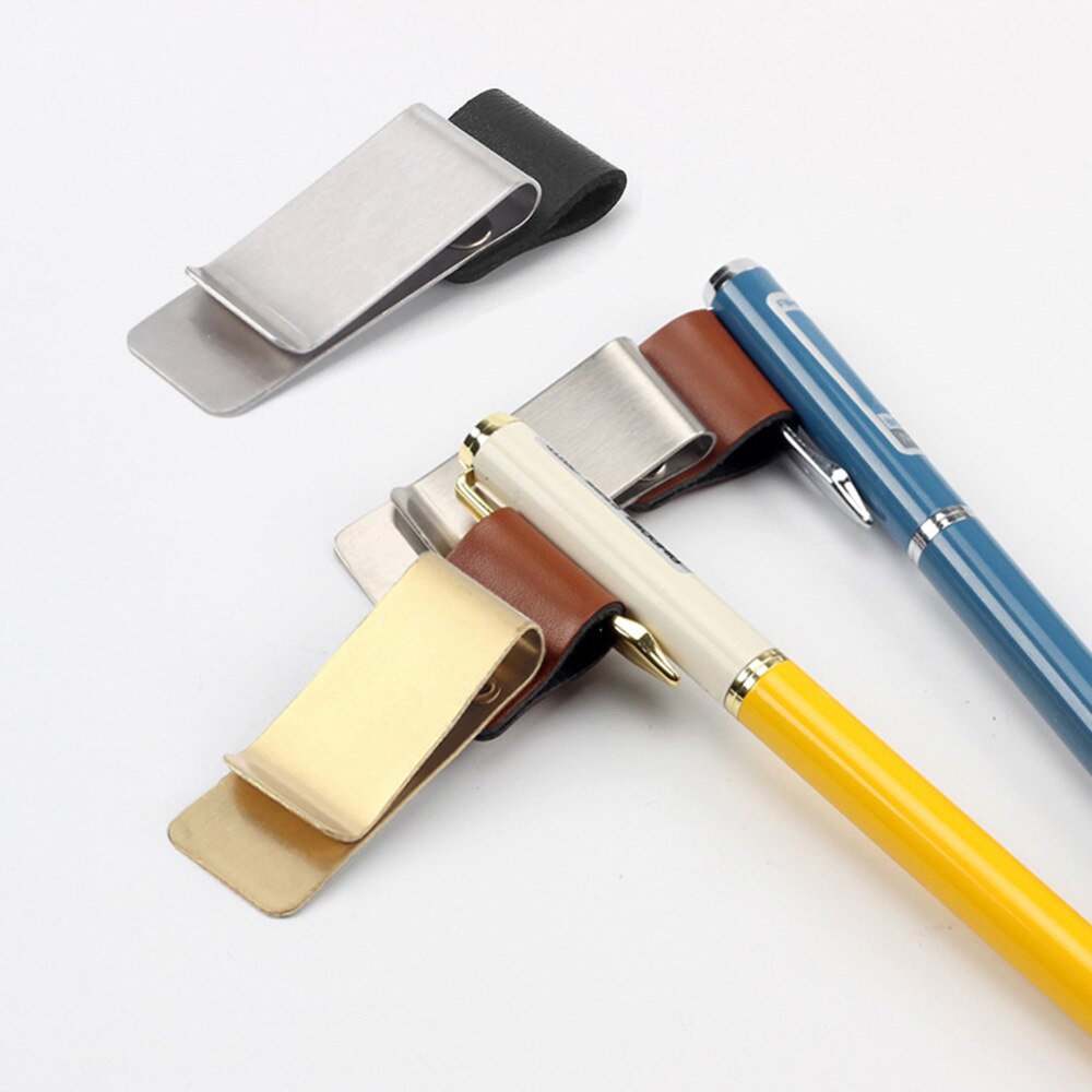 Pen holder retro stil bog klip tidsskrifter til notesbog rustfrit stål + pu læder holdbart