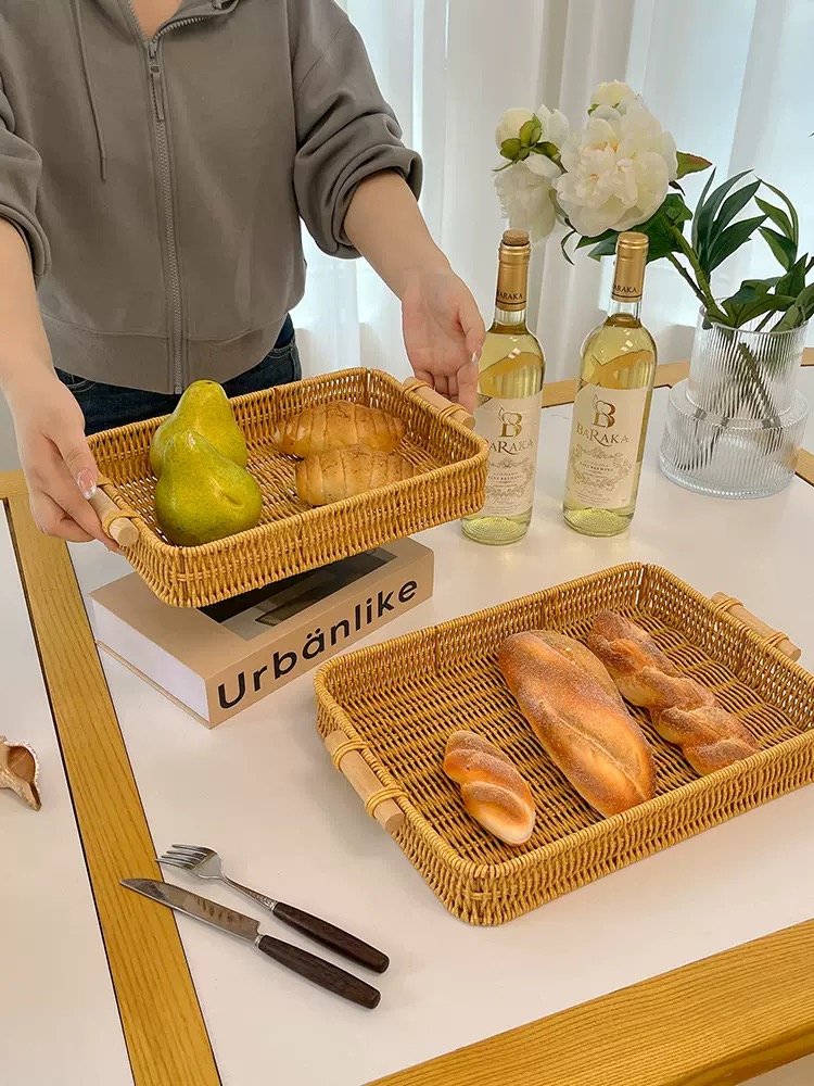 Håndlavet flettet rattan opbevaringsbakke firkantet fletkurv træhåndtag brød madbakke frugtkagefad