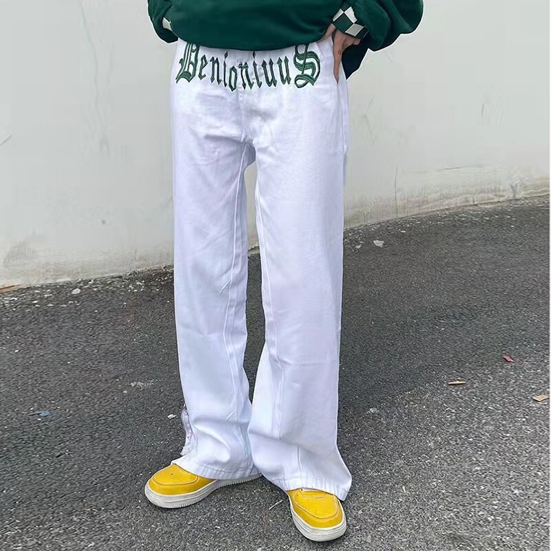Men and Women Ripped Washed Streetwear Loose Oversized Jeans Pants Ankle Zipper Letter Embroidery Straight Casual Denim Trousers