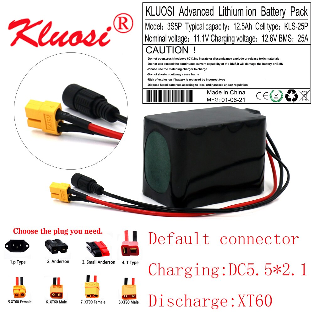 KLUOSI 12V 12.5Ah 12Ah 3S5P 12.6V Lithium Battery Pack with 25A BMS 250W High Capacity for Motor Scooter Solar Energy Light Etc