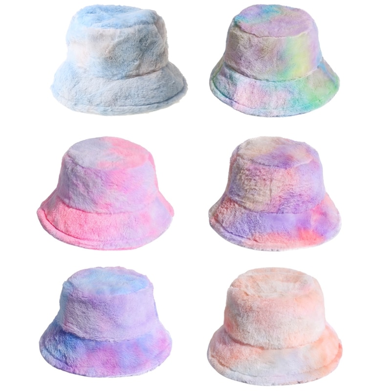Women Winter Rainbow Colorful Tie Dye Bucket Hat Fluffy Fuzzy Plush Short Brim Sunscreen Thick Warm Panama Fisherman Cap