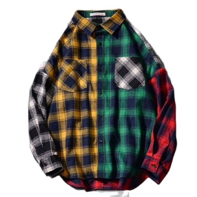 High Street Oversize Hip Pop Men Plaid Shirt Chic Long Sleeve Patchwork Checked Tops Turn Down Collar Pocket Plus Size Shirts: XXXL