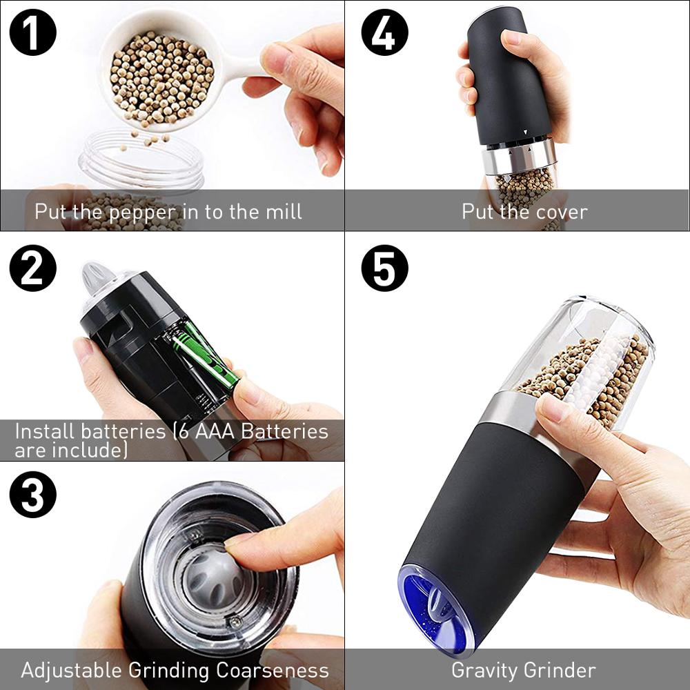 2Pcs Zwaartekracht Elektrische Zout En Peper Molen Automatische Pepermolen Led Licht Spice Kruid Batterij Keuken Gadgets Zwart En slive