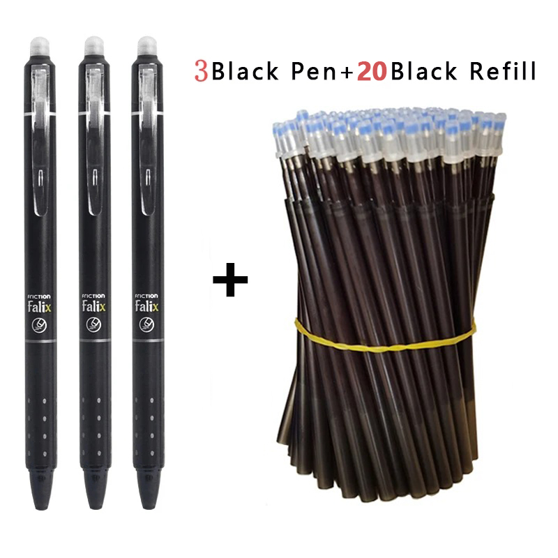 0,5mm retractable erasable gel pens with refills, black/blue gel ink, built-in eraser, office supplies, exam stationery