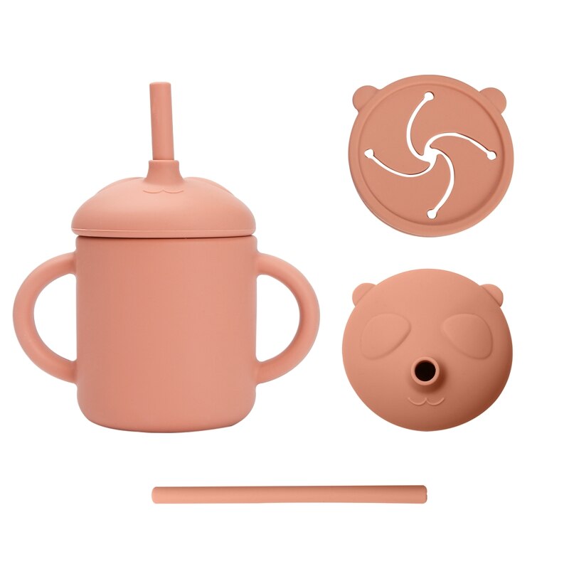 6 Kleur Baby Sippy Cup Cartoon Panda Food Grade Siliconen Dual Purpose Cup Draagbare Opslag Snack Container Cup Met Stro: orange