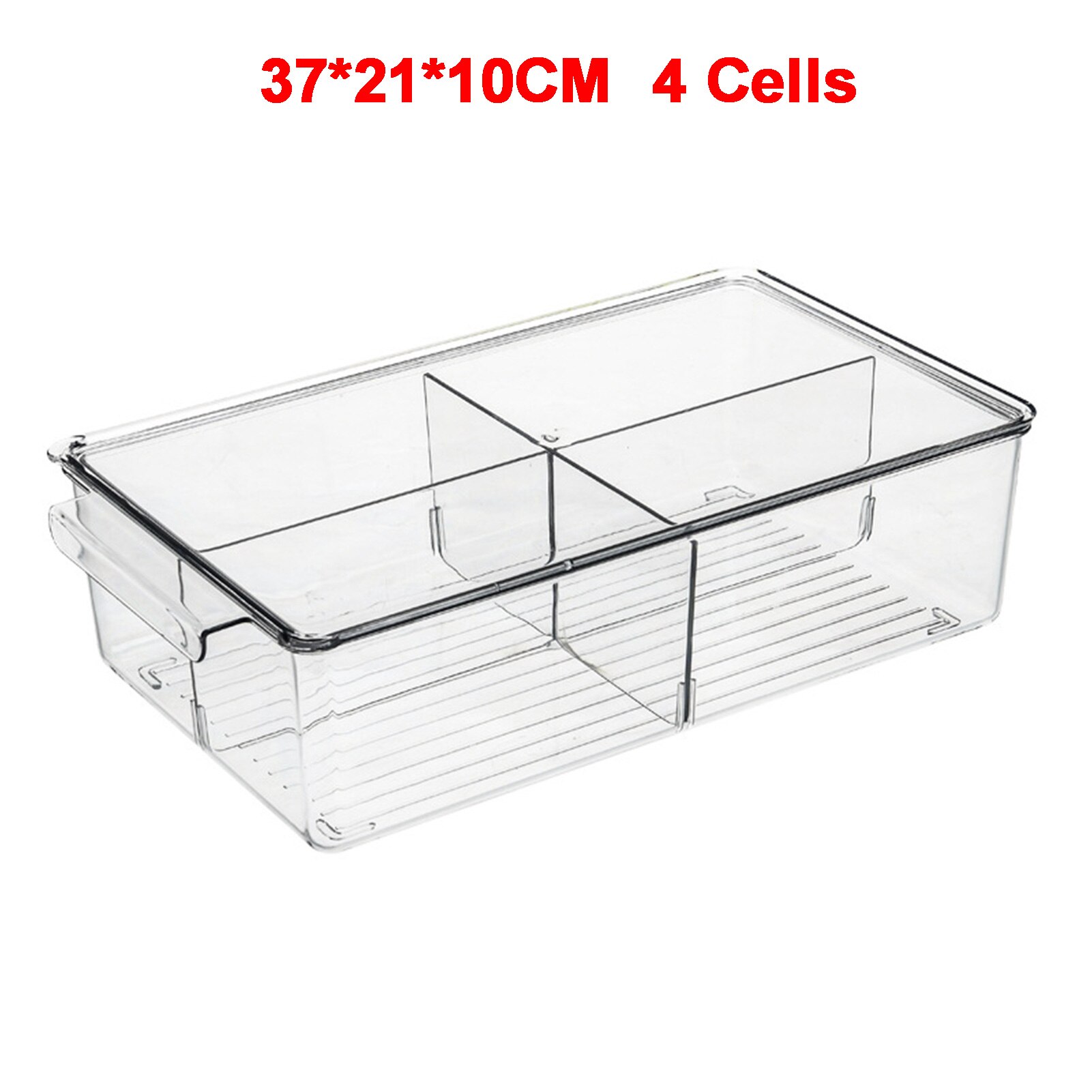 Refrigerator PET Food Storage Box Container With Lid And Divider Large Capacity Fridge Organizer: 37x21x10CM 4 Cells