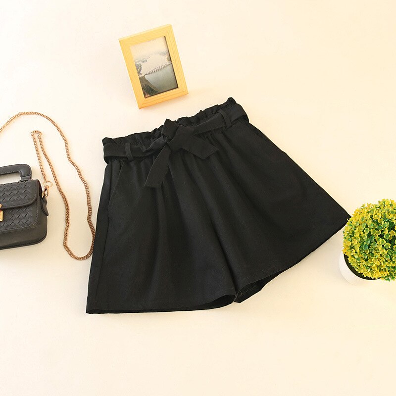 Elastic waist tie bow Loose Cotton shorts Womens summer Korean ruffles wide leg shorts for women wild casual Shorts: Black