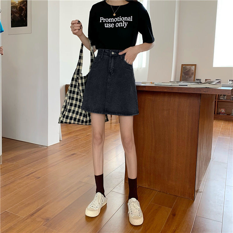 Faldas vaqueras de estilo coreano para mujer, faldas de corte en A, de sólido que combina con todo, bolsillos, cintura alta diaria Simple, informal de verano