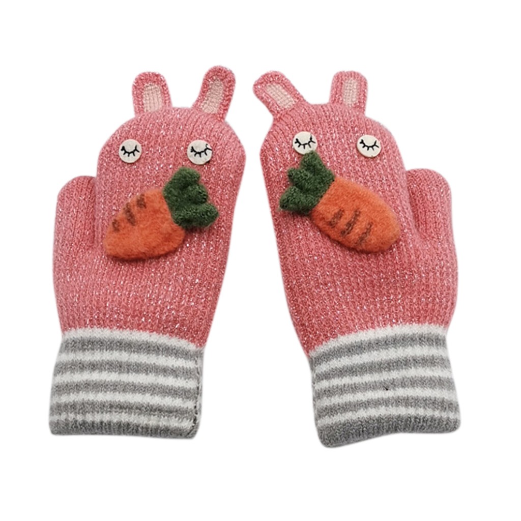 Cartoon Rabbit Knitted Gloves For Children Kids Boys Girls Carrot Applique Patchwork Hand Gloves Winter Warm Full Finger Mittens: F