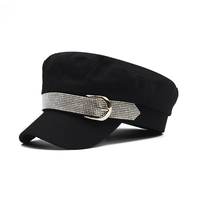 Boné de jornal feminino moda boina paperboy chapéu octogonal chapéus com prata strass cinto bukle para outono inverno primavera: black