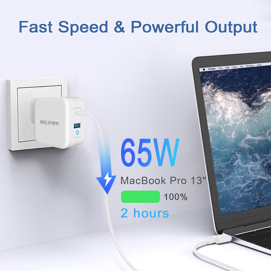 Pd 65w- poorts oplader, dubbele poort oplader met usb-a voor apple macbook, macbook pro, air, ipad pro, iphone 11/ pro max, nintendo switch