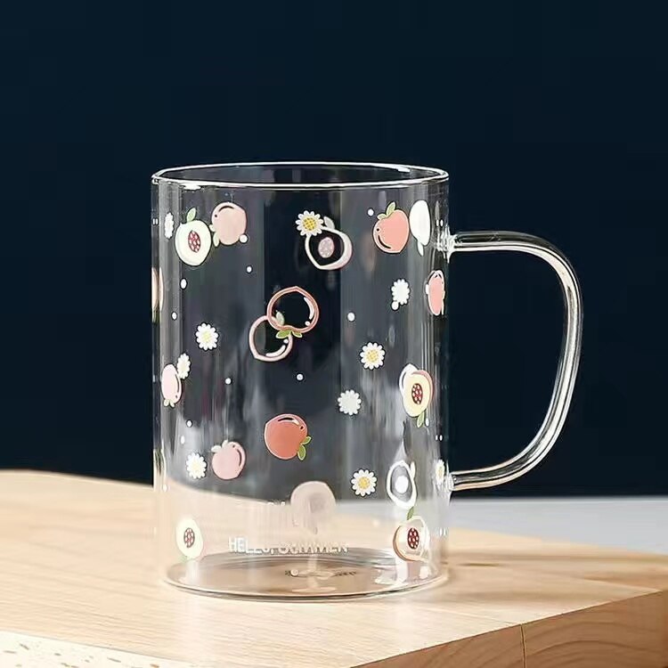 500ml glas vattenkopp mugg kontor kaffekopp hem vinglas söt frukt tryck silikon kopp lock #39 kopp porslin: Persika kopp
