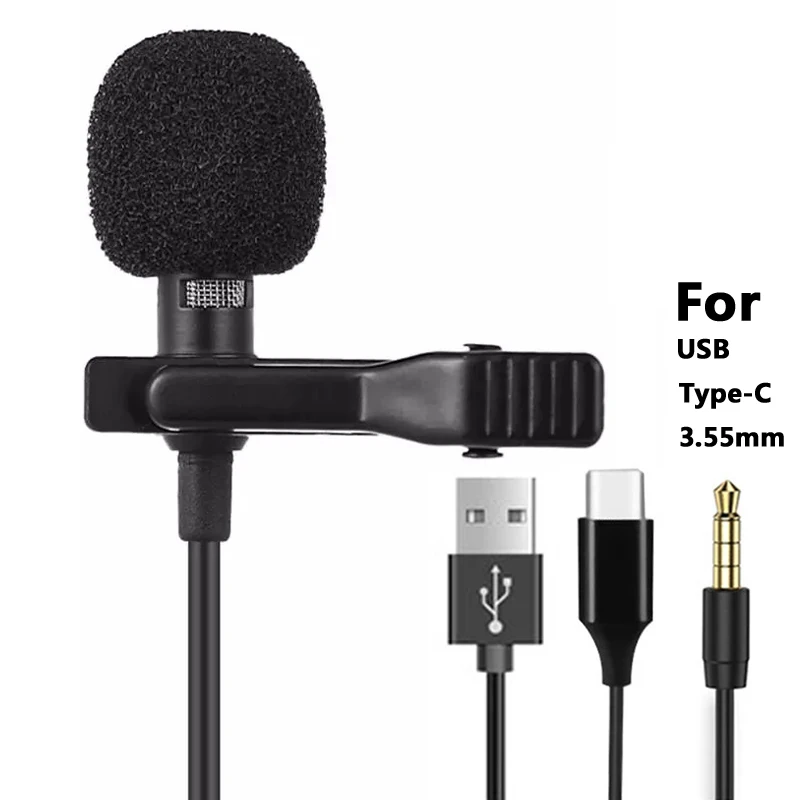 Przenośny mini mikrofon Lavalier o długości 1,5 m, pojemnościowy, przypinany mikrofon na klapę, przewodowy mikrofon USB 3,5 mm typu C do telefonu do laptopa Mac