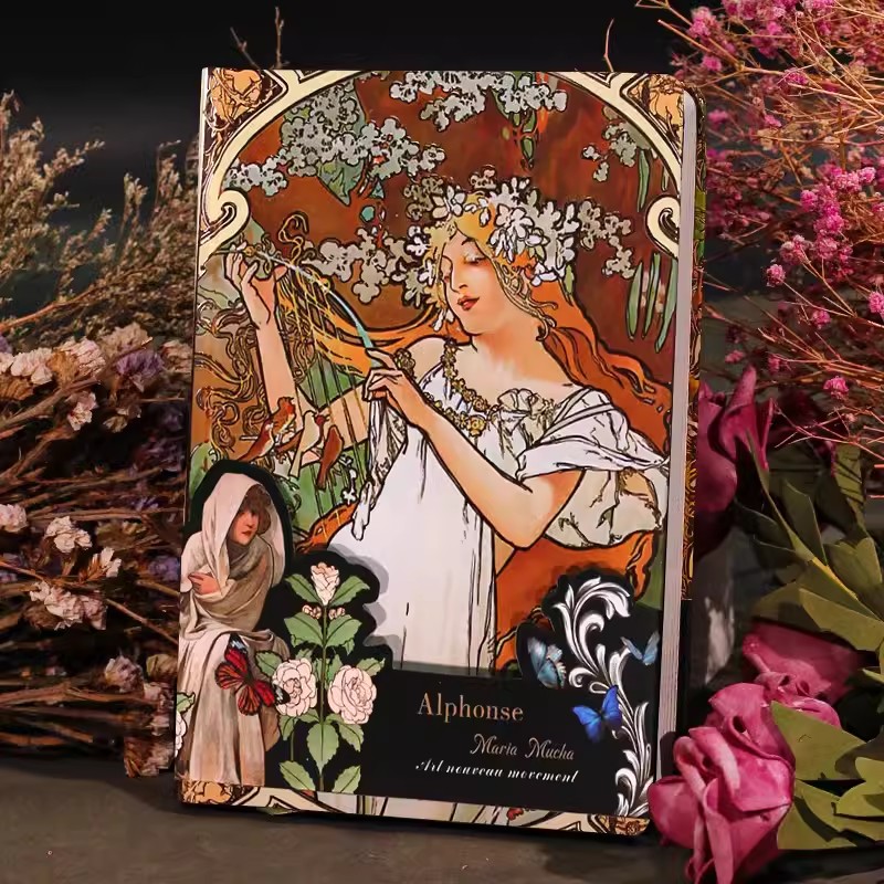 Mucha's Famous Painting Series Retro Hardcover Notebooks Classic Color Page Illustration B6 Diary Student Notepad: Red