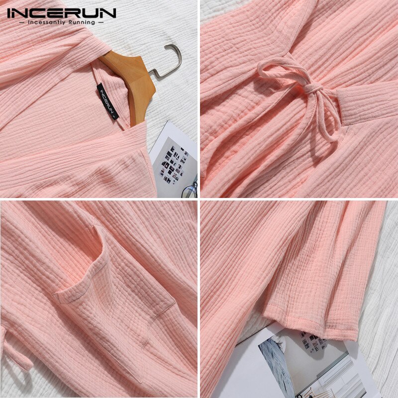 Incerun menn kapper uformelt kimono v-hals halvermet bomull løs japansk nattøy sommer pustende unisex pyjamas menn badekåpe