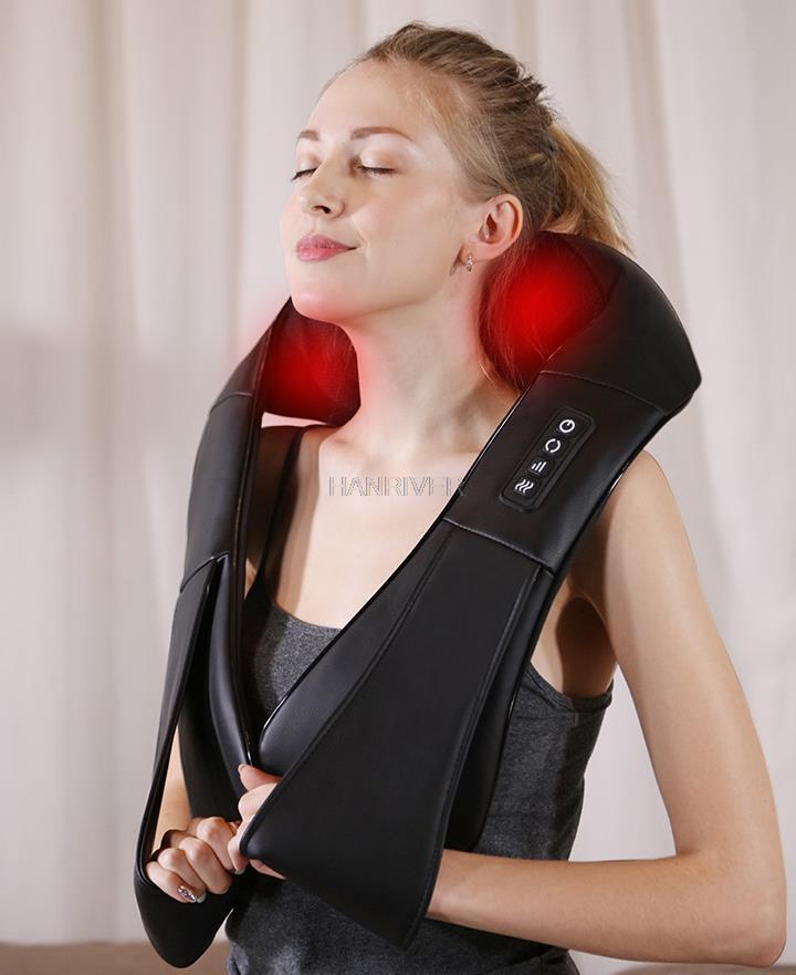 Elektryczny masażer Shiatsu, do masażu pleców, ramion, ciała, szyi, wielofunkcyjny, szal, na podczerwień, podgrzewany, masowanie, ugniatanie, do domu lub samochodu: 4-Buttons-Black