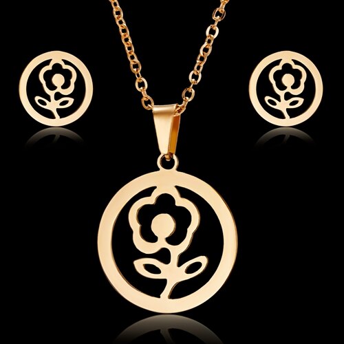 RINHOO – ensemble de bijoux en acier inoxydable pour femme, collier et boucles d'oreilles, motif chat, cheval, fleur Rose, or, à la: rose