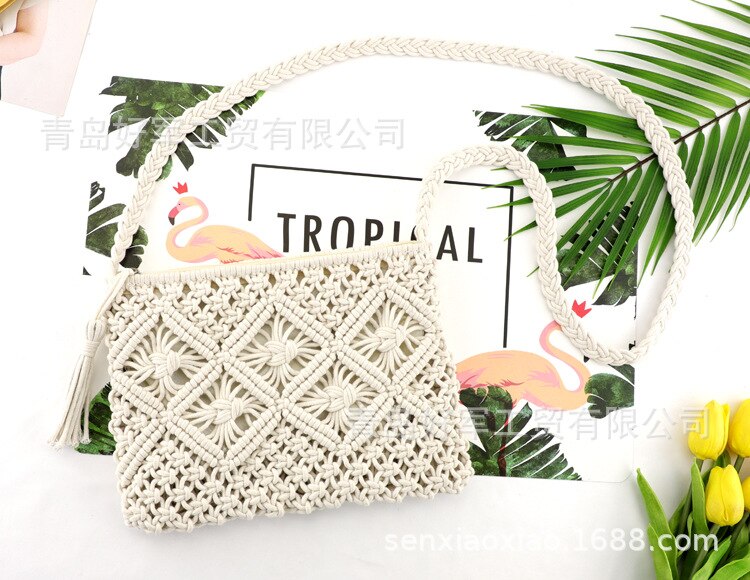 Kwasten Handvat Messenger Bag Katoen Strap Katoenen Zak Crossbody Schouder Hand Strap Handgemaakte Weven Vrouwen Geweven Handtas: beige white