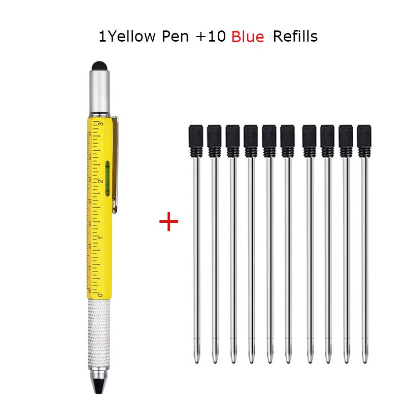 6 In 1 Multi Tool Pen Multifunction Screwdriver Precision Ruler Caliper Ballpoint Pens for Phone Touch Creativity Level Meter: 1 Yellow 10 BlueInk