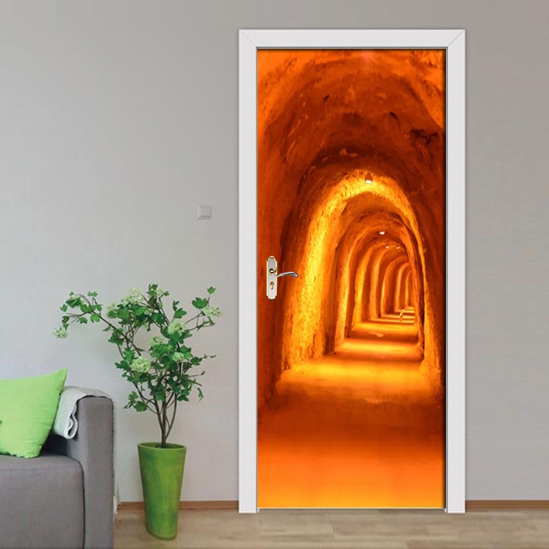HD Cave Tunnel PVC Photo Wallpaper Self-adhesive Door Stickers Waterproof Poster Bedroom Door Home Decor Murals 3D Wall Stickers