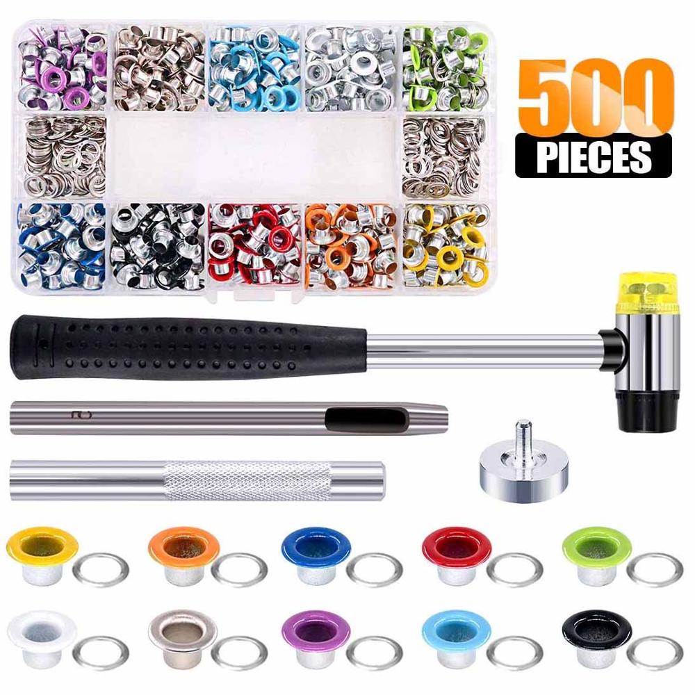 500 Sets Grommet Kit,Grommet Setting Tool Metal Eyelets Set with Install Tool Kit in Storage Box ,Leather Crafts DIY Projects: 500 Pcs A