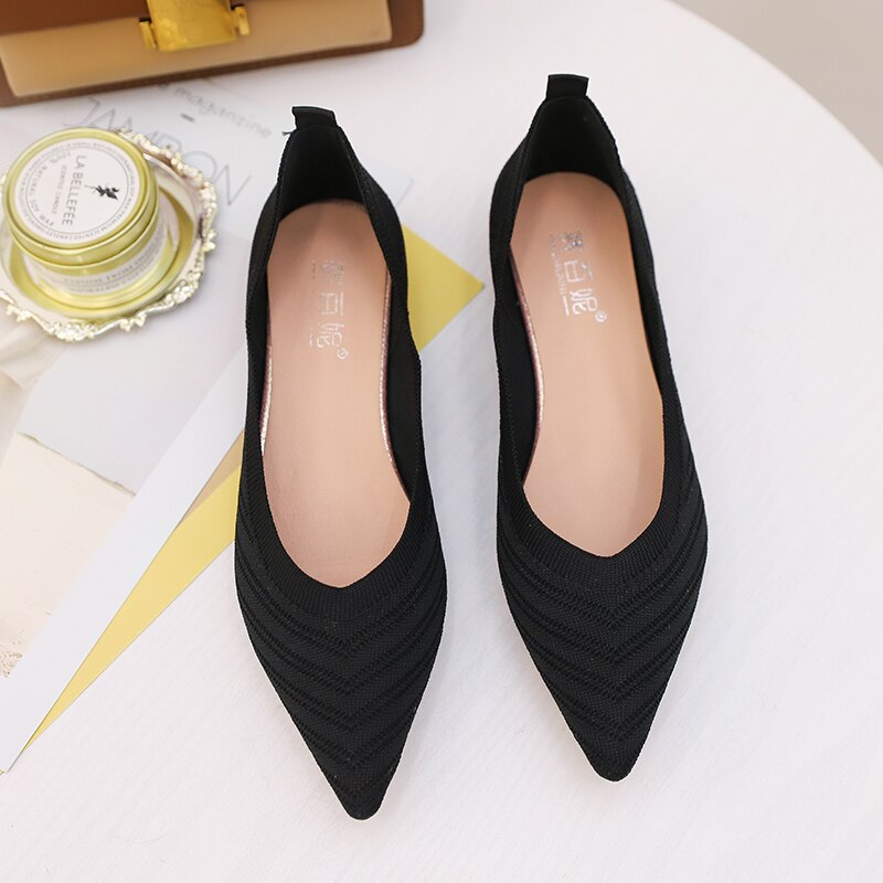 Chaussures de Ballet à bout pointu pour femmes, mocassins souples et confortables à enfiler, en tricot, décontractées: Black / 7.5