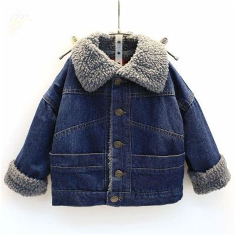 Ropa infantil , ropa de mezclilla para niños pequeños de Otoño/Invierno, chaqueta gruesa de terciopelo, blusa de cordero para niños y niñas