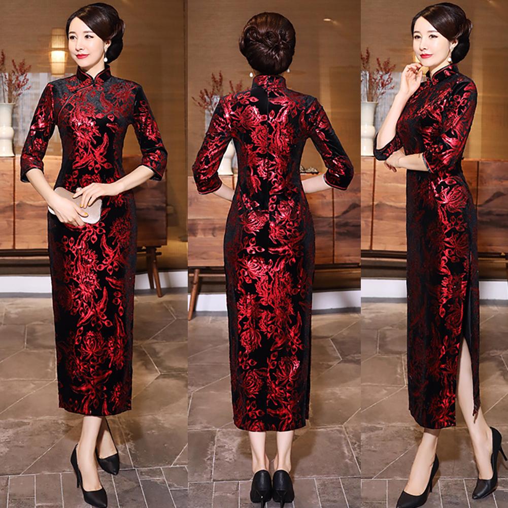 Vrouwen 3/4 Mouw Lange Split Bloemen Gedrukt Chinese Cheongsam Midi Slanke Jurk Chinese Cheongsam Qipao Borduurwerk Spleet Jurk Sexy