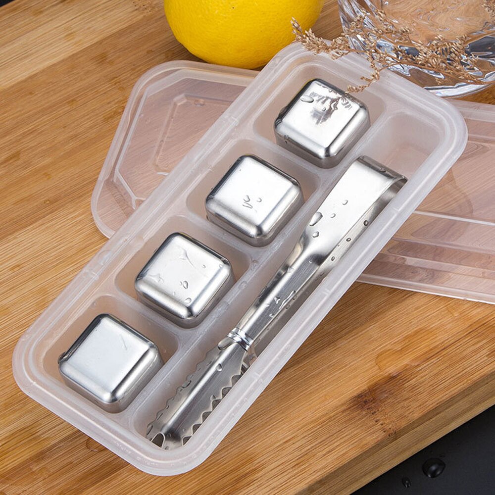 Juego de cubos de hielo reutilizables de acero inoxidable con piedras Whisky, caja de almacenamiento de alta tecnología de refrigeración, gran cumpleaños, para hombres: 4 Pack with Tongs