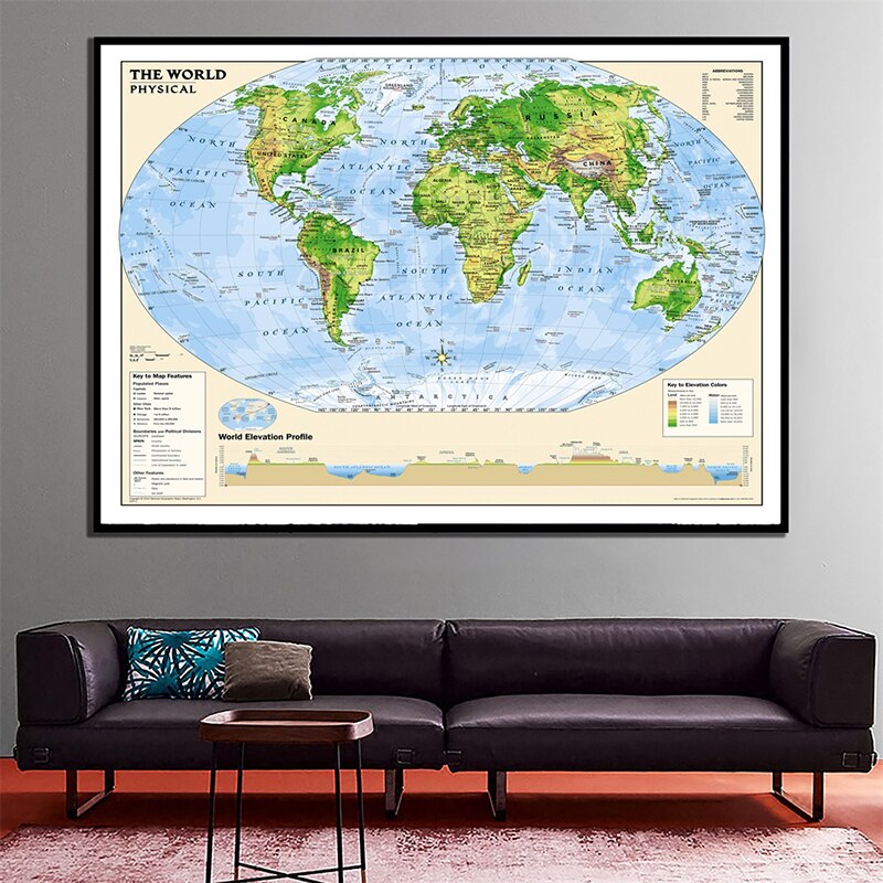 24x36 inches The World Physical Map With Key to the Map Features Spray Painting Home Wall Maps For Home Decoration
