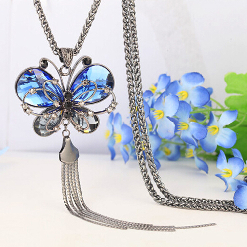 Women's Butterfly Pendant Tassels Rhinestone Long Sweater Chain Necklace Jewelry Leader' Choice
