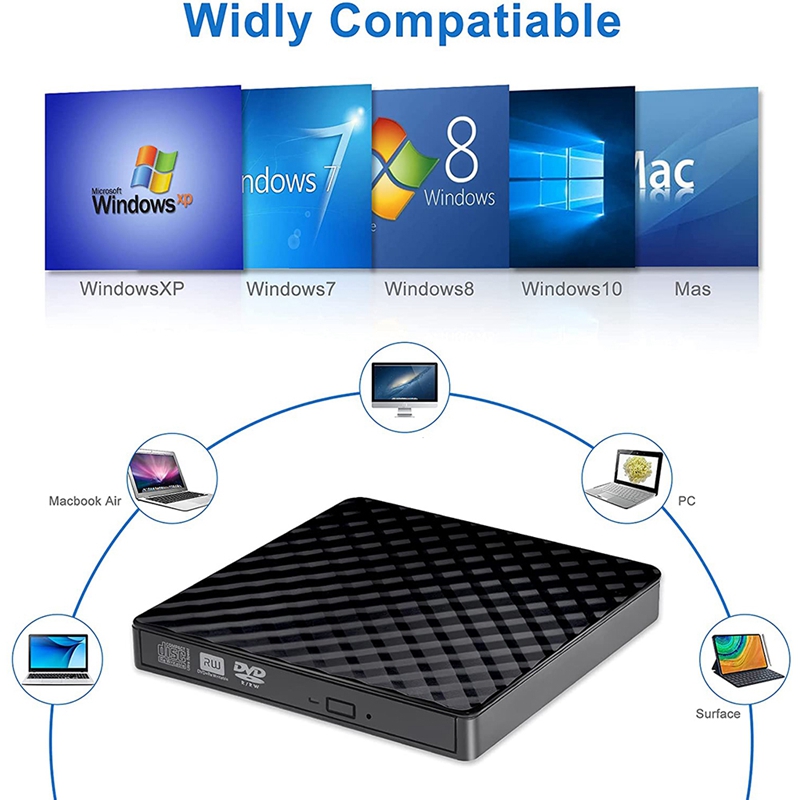 External CD DVD Drive/Burner Portable DVD CD ROM Rewriter Writer Duplicator For Laptop, Desktop, Mac, , Windows