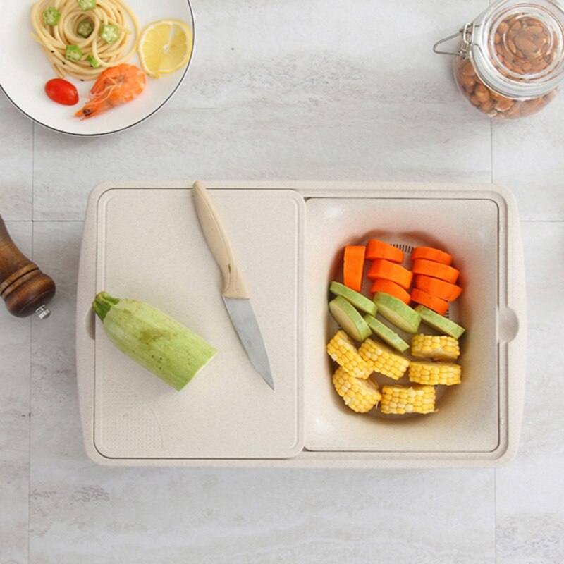 Keuken snijplank met opberglade, kunststof snijplank, snijblokken voor fruit, groente, keukengereedschap, beige-s