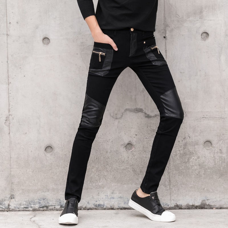Men's Pant Faux Leather Jeans Spliced Denim Trousers Male Stretch Slim Fit Punk Stage Singer Motorcycle Casual Pants Men