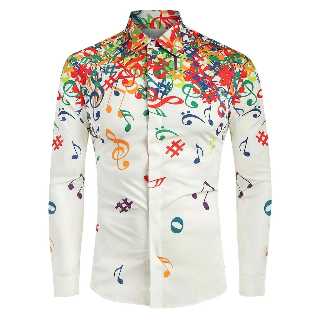 Men Casual Novelty Musical Note Pattern Long Sleeves Shirt Top Blouse for Party NIN668