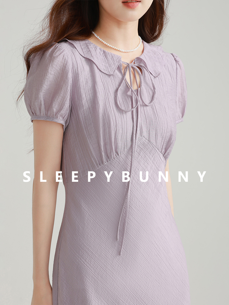 Women French Style Purple Short Sleeve Dress Waist-Cinching Puff Sleeve Long Dress Petite Fit Soft and Feminine Dress